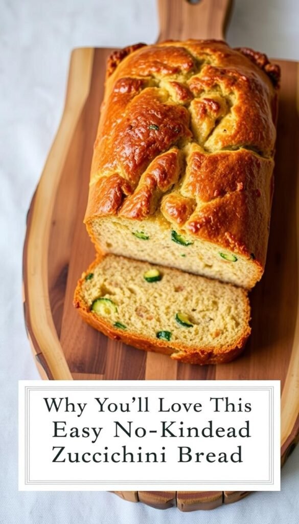 No-knead zucchini bread loaf on a wooden board